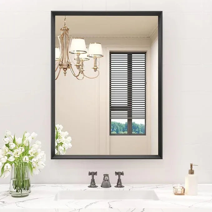 JISOSO Rectangle Bathroom Mirror 28x36 Inch, Matte Black Framed, 4MM Tempered Glass, Anti-Rust, Wall-Mount Vanity Mirror for Bathroom & Bedroom, Hangs Horizontally or Vertically - ModernBath