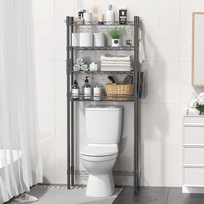 Hodonas 4-Tier Over The Toilet Storage, Adjustable Over Toilet Bathroom Organizer Rack, Freestanding Bathroom Shelves Above Toilet Storage, Sturdy Bathroom Space Saver with Basket and Shelves, Gray - ModernBath