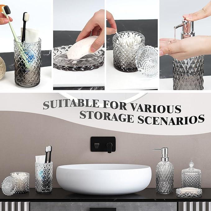 Bathroom Accessories Set, 5Pcs Bathroom Soap Dispenser Set, Glass Bathroom Accessories with Glass Soap Dispenser, Soap Dish, Toothbrush Holder, Tumbler, Qtip Holder - ModernBath