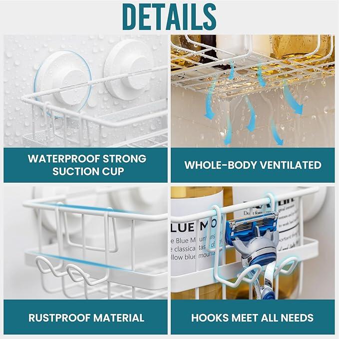 TAILI Corner-adaptive Suction Cup Shower Caddy 2 Pack, Stainless Steel Rustproof Corner Shower Shelves, Drill-Free Wall Mounted Baskets, Large Capacity Removable Suction Cup Bathroom Organizer, White - ModernBath