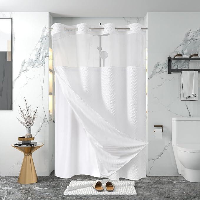 eachope stall no Hook Tufted Shower Curtain with snap in Liner Set, White Waterproof Fabric Inner Liner,Boho Style Shower Curtain with See Through top Window, White, 54Wx80H - ModernBath