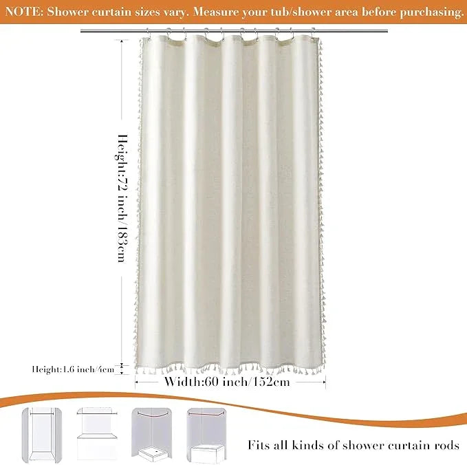 Nanspring Stall Natural Boho Linen Shower Curtain 60 Inches Wide Textured Luxury Fancy Tassel Shower Curtain Set with Hooks Modern Vintage Country Bath Curtain Decor for Bathroom 60x72, Cream - ModernBath