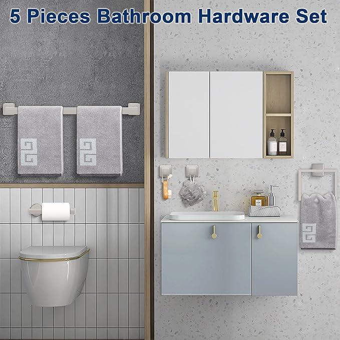 NearMoon 5 Pieces Bathroom Hardware Set 304 Stainless Steel, Square Towel Rack Kit - 24" Towel Rod + Towel Ring + Toilet Paper Holder + 2 Robe Hooks, Wall Mounted Bath Accessories (Chrome Finish) - ModernBath
