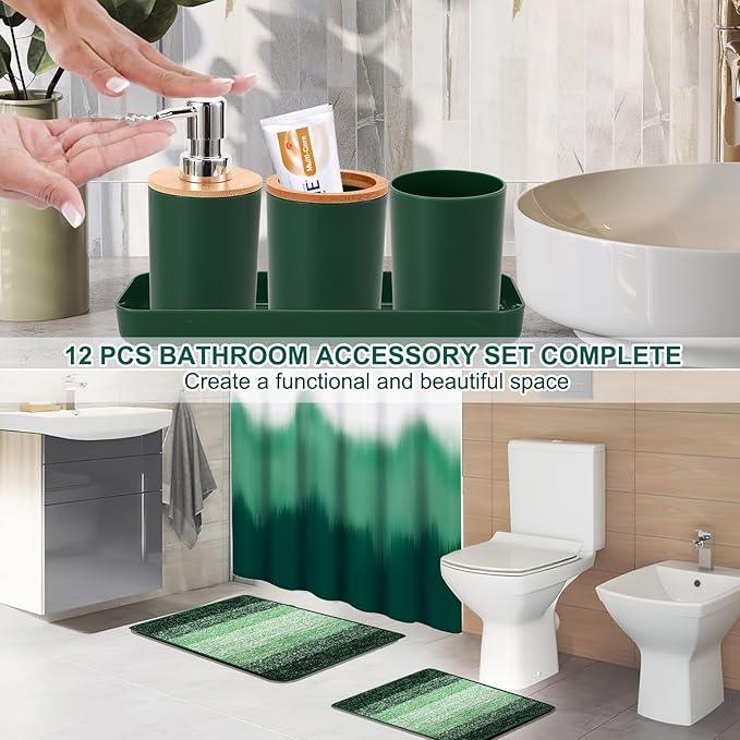 iMucci Bathroom Accessories Dark Green Bathroom Sets with Shower Curtain and Rug,Shower Curtain Set,Bath Rugs Home Decor - ModernBath