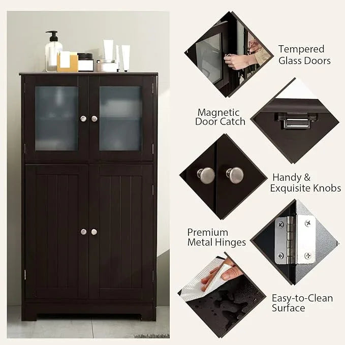 GOFLAME Bathroom Storage Cabinet, Freestanding Storage Cabinet with 4 Doors, Wooden Kitchen Cupboard with Adjustable Shelf, Buffet Sideboard, Multipurpose Home Organizer for Bathroom, Kitchen, Brown - ModernBath