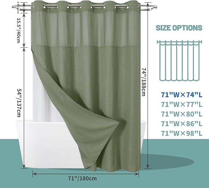 eachope SageGreen No Hook Waffle Weave Shower Curtain with snap-in Liner Replacement, 230GSM Waterproof Fabric Hotel Shower Curtain Set for Bathroom, Through Mesh Top Window,71Wx74H - ModernBath