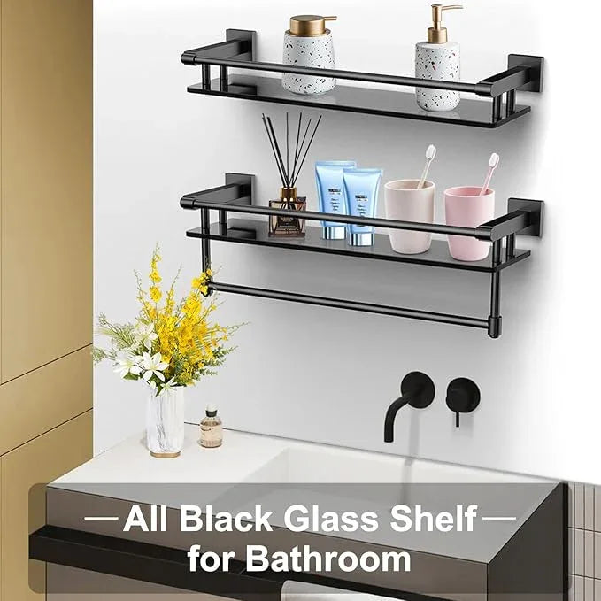 Glass Shelf for Bathroom 20 Inch Bathroom Shelves with Towel Bar Tempered Glass Shelves with Stainless Steel Towel Holder for Wall (All Matte Black) - ModernBath