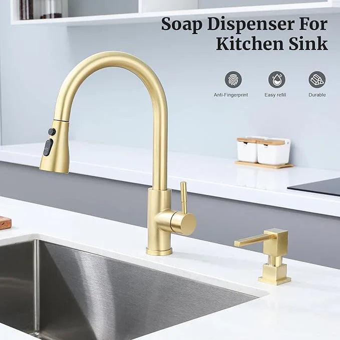 Sink Soap Dispenser for Kitchen Sink (Brushed Gold), All Brass Built-in and Refill from Top Design,Metal Hand Soap & Dish Soap Copper Pump - ModernBath