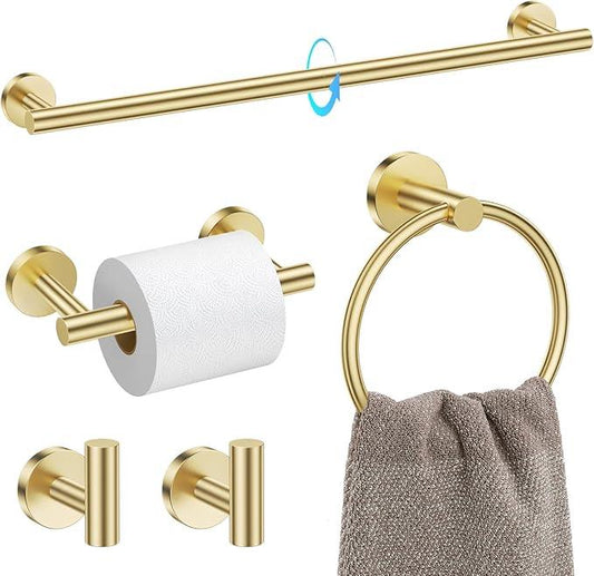 TQKAG Brushed Gold 5 Piece Bathroom Hardware Accessories Set 23.6" SUS304 Stainless Steel Bathroom Towel Bar Holder Sets Double Post Pivoting Toilet Paper Holder Set Wall Mounted - ModernBath