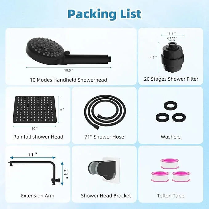 Filtered Shower Head, 10" High Pressure 10-Spray Handheld/Rainfall Shower Head Combo with 20 Stage Shower Filter, 11" Shower Extension Arm, 71" Hose, Shower Head Holder, Matte Black - ModernBath