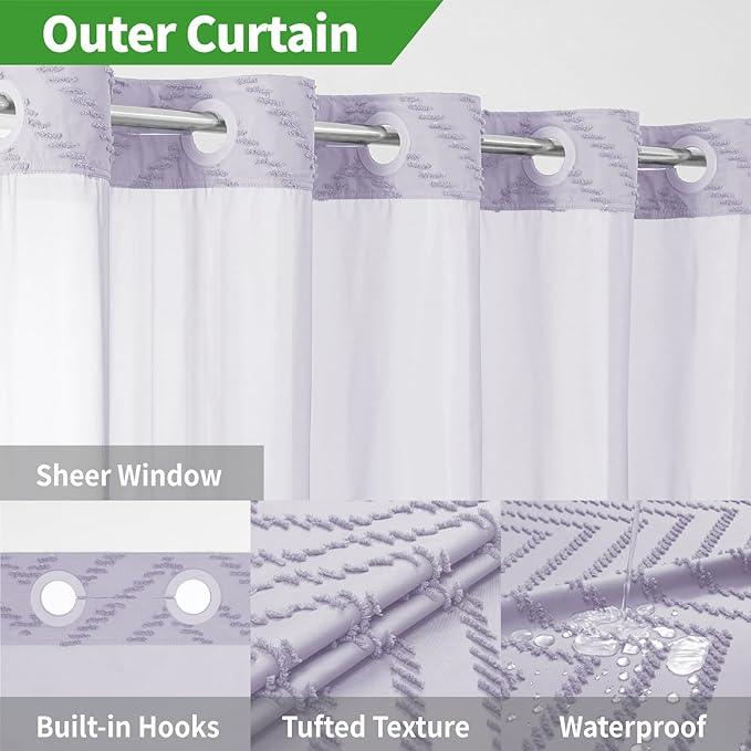 eachope No Hook Boho Farmhouse Shower Curtain with Snap-in Fabric Liner set-71Wx74H(72H),Tufted Chevron Striped Hotel Grade Cloth Shower Curtains for Bathroom with Window,Water Repellent,Lavender - ModernBath