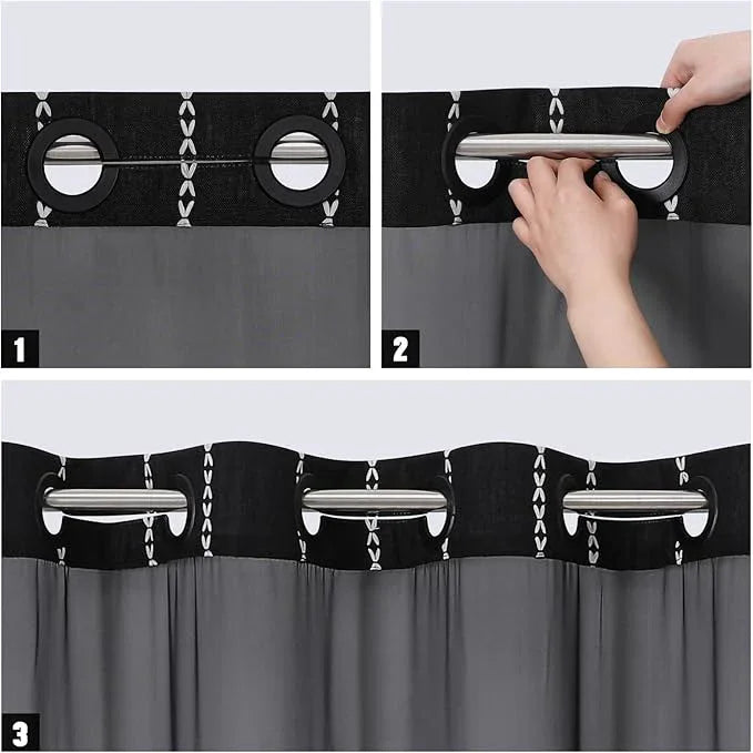 No Hooks Needed Farmhouse Shower Curtain with Snap-in Liner - with Window & Magnets, Boho Cotton Linen Fabric Shower Curtains with Tassels for Rustic Bathroom Decor, Black and White, 72 x 74 - ModernBath