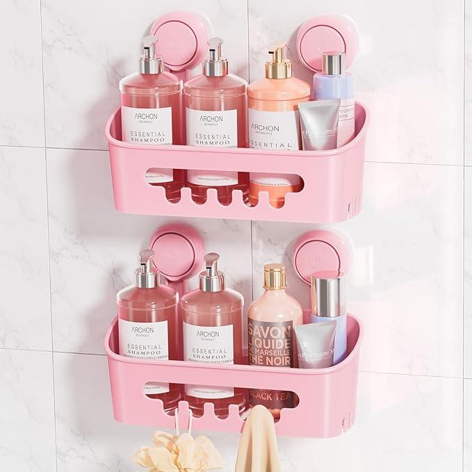 LEVERLOC Shower Caddy Suction Cup 2 Pack, Shower Organizer Removable Bathroom Shelf, Storage Suction Powerful Max Hold 22lbs Bathroom Caddy Waterproof Holder, Pink - ModernBath