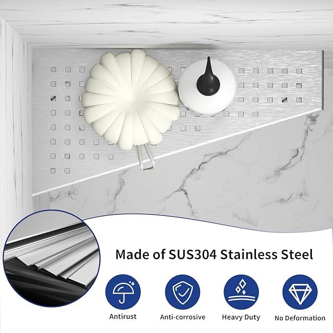 Corner Shower Shelf, 12" Trapezoid Grout in Shelf, 304 Stainless Steel Grid Design Recessed Bathroom Shelf for Tiled Wall - ModernBath