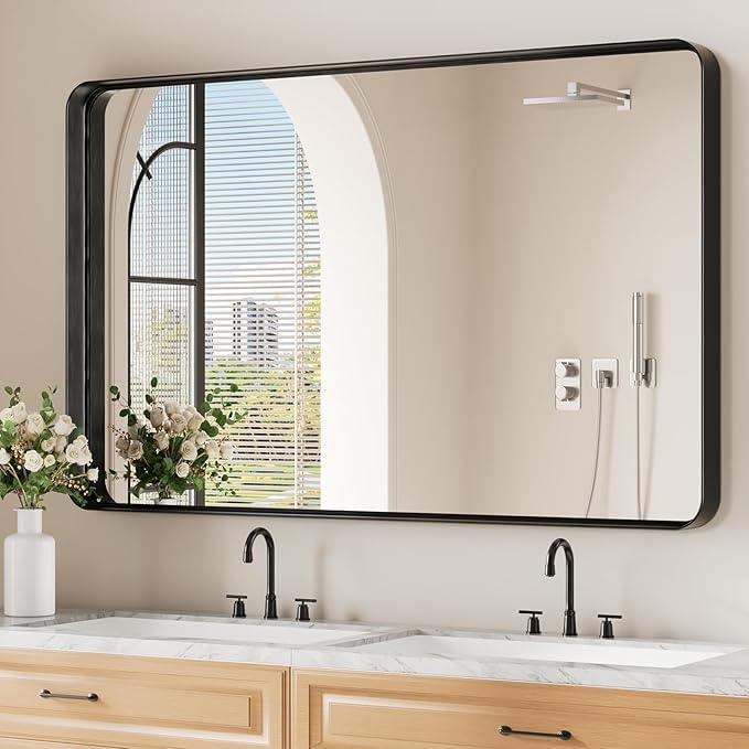 Koonmi Black Wall Mirror for Bathroom, 30x48 Inch Matte Deep Framed Rounded Rectangle Vanity Mirror for Farmhouse Living Room, Tempered Glass, Anti-Rust, Vertically or Horizontally - ModernBath