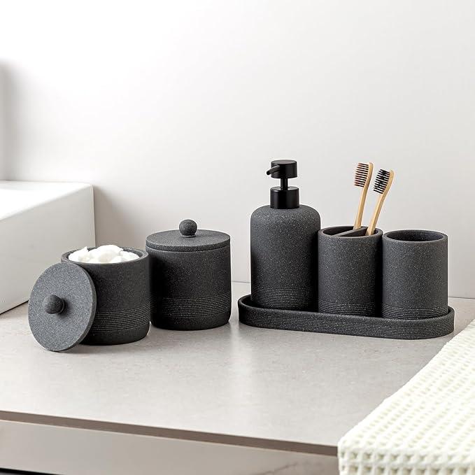 Haocoott Bathroom Accessories Set, 6 PCS Modern Bathroom Accessory Set with 15 OZ Soap Dispenser, Toothbrush Holder, Vanity Tray, Tumbler, 2 PCS Qtip Holders (Grey) - ModernBath