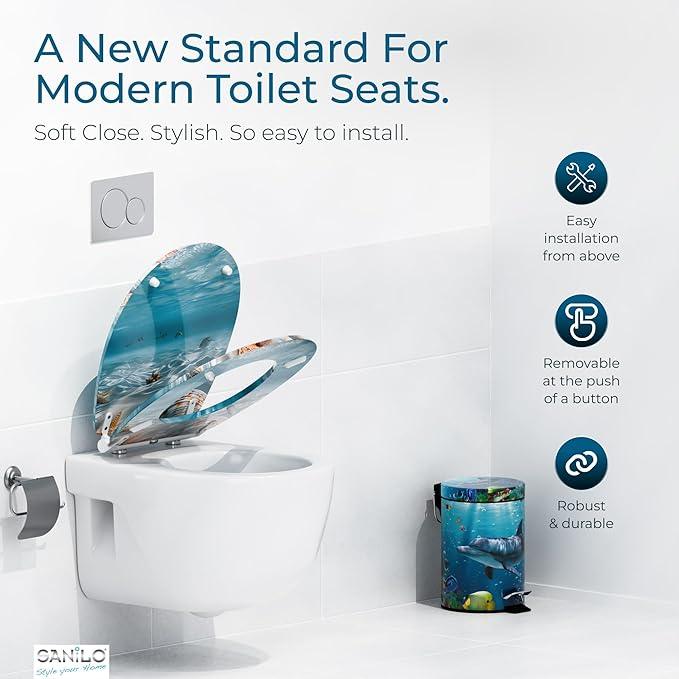 Sanilo Wooden Toilet Seat with Quick Release & Soft Close [ROUND] - Decorative & Slow Close Molded Wood Seat - With One Click for Easy Installation & Cleaning - With Adjustable Fit (Waterworld) - ModernBath