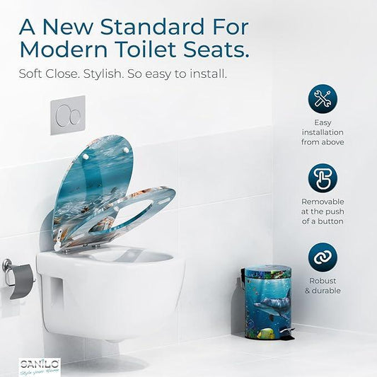 Sanilo Wooden Toilet Seat with Quick Release & Soft Close [ROUND] - Decorative & Slow Close Molded Wood Seat - With One Click for Easy Installation & Cleaning - With Adjustable Fit (Waterworld) - ModernBath