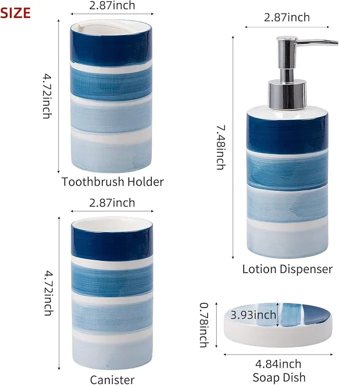 Bathroom Accessories Set, 4-Piece Blue Ceramic Bathroom Decorations Accessories Set, Contain Toothbrush Cup, Soap Dispenser, Soap Dish, Tumbler - ModernBath
