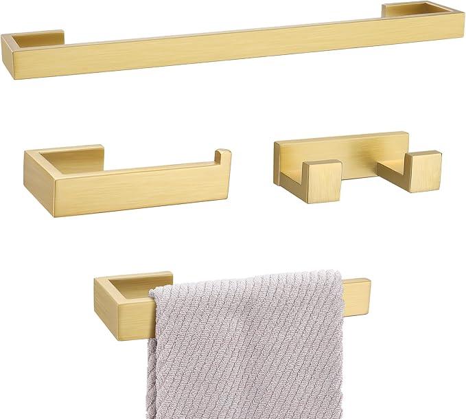 Brushed Gold Bathroom Hardware Set, 4-Piece Bath Towel Bar Set SUS304 Stainless Steel Towel Rack Set for Bathroom, 23.6 inches Bathroom Towel Holder Set Wall Mounted - ModernBath