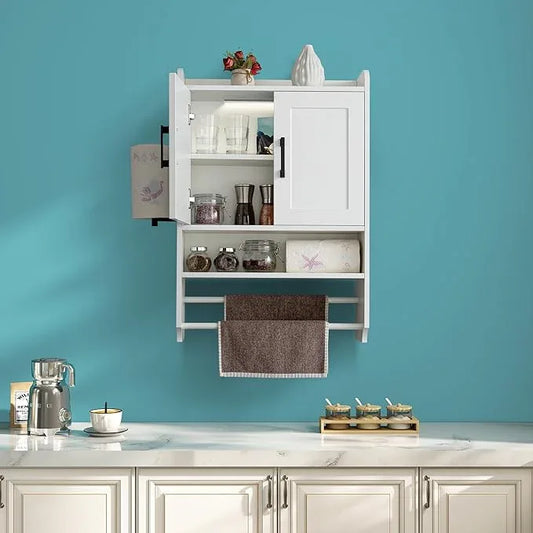 Bathroom Wall Cabinet with Door, Over The Toilet Wood Hanging Medicine Cabinets with DIY Lighting for Laundry Room Kitchen Storage - ModernBath