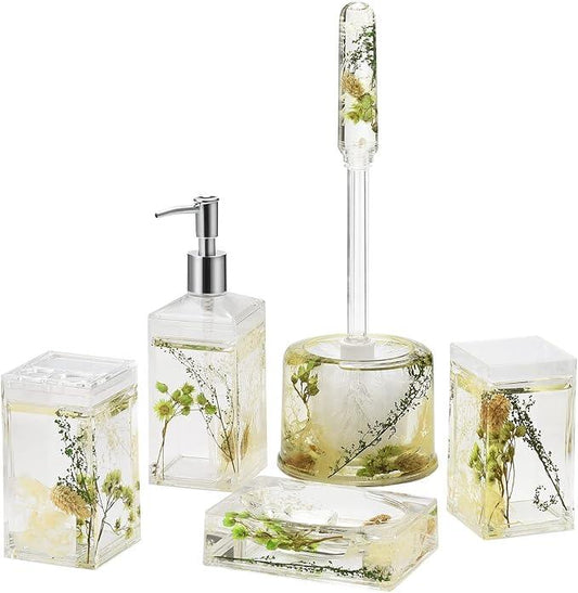 Locco Decor 5 Piece Acrylic Liquid 4D Floating Motion Bathroom Vanity Accessory Set Garden Botanic Green Plants Toothbrush Holder, Tumbler, Soap Dispenser, Soap Dish, Toiletbrush Holder Set - ModernBath