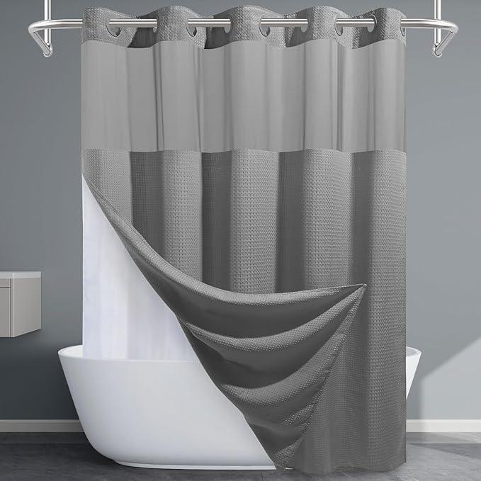 EUTXL Long No Hook Shower Curtain with Snap in Liner,230GSM Waffle Weave Shower Curtains for Bathroom,71W x 80H(78"),Grey - ModernBath