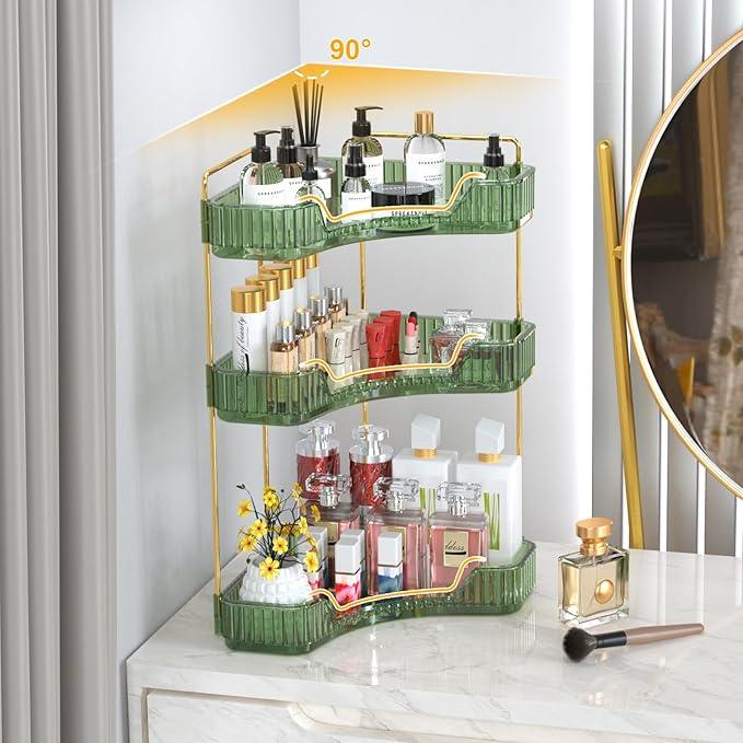 GTI 3-Tier Corner Bathroom Counter Organizer, Large Capacity Makeup Organizer Countertop, Perfume Cosmetics Skincare Vanity Organizers, Exquisite Countertop Storage for Women (Green) - ModernBath