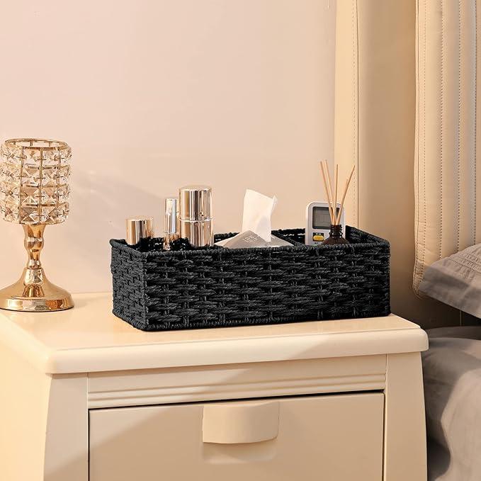 Vagusicc 3 Section Wicker Storage Basket, Hand-Woven Paper Rope Wicker Baskets for Organizing, Toilet Tank Basket, Black Baskets for Bathroom, 2-Pack, Black - ModernBath