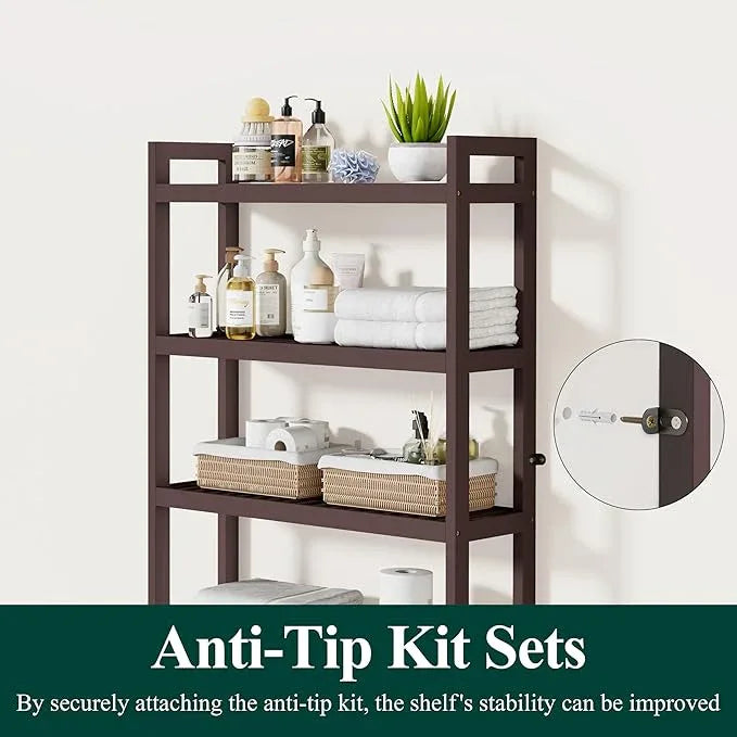 Smiry Over The Toilet Storage Cabinet, 4-Tier Bamboo Bathroom Organizers with Adjustable Shelf & 4 Hooks, Space Saving Shelf Rack for Bathrooms, Laundry Room, Balcony, Brown - ModernBath