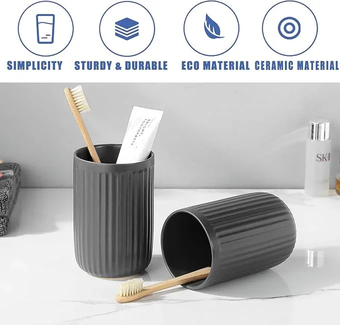 Grey Toothbrush Holders for Bathrooms - 2 Cups Ceramic Toothbrush Toothpaste Holders Set, White Bathroom Tumbler Cups Reusable Toothbrush Mouthwash Cup, Bathroom Counter Organizer. - ModernBath