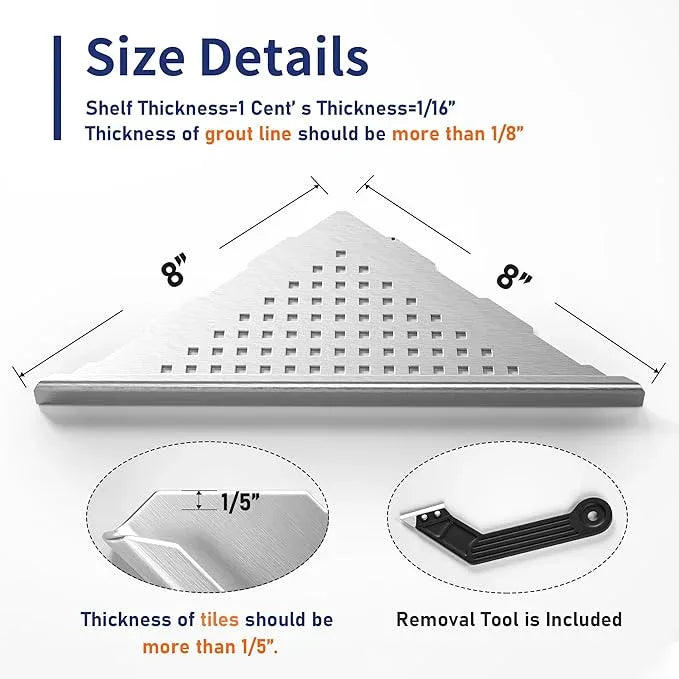 8'' Corner Shower Shelf 2 Pack, 304 Stainless Steel Grout in Shelves for Tiled Wall, Recessed Bathroom Shelf Rack, No Drilling Needed (8'', Silver) - ModernBath