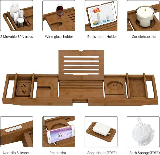 Bamboo Bathtub Tray for Luxury Bathroom, Expandable Premium Bath Tray with Soap Towel Book Holder, Luxury Spa Wooden Bath Table for Reading Laptop Over The Clawfoot Walnut - ModernBath