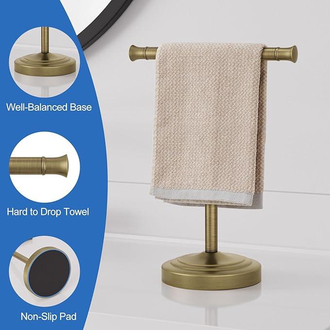 RUMOSE 13 Inch Antique Brass Towel Bar Stand Hand Holder Bathroom Kitchen Vanity Countertop T-Shape Towel Rack Free Standing Stainless Steel - ModernBath