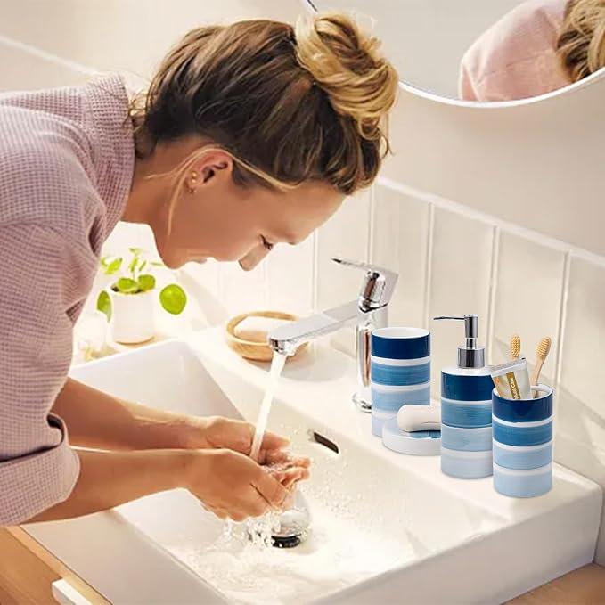Bathroom Accessories Set, 4-Piece Blue Ceramic Bathroom Decorations Accessories Set, Contain Toothbrush Cup, Soap Dispenser, Soap Dish, Tumbler - ModernBath
