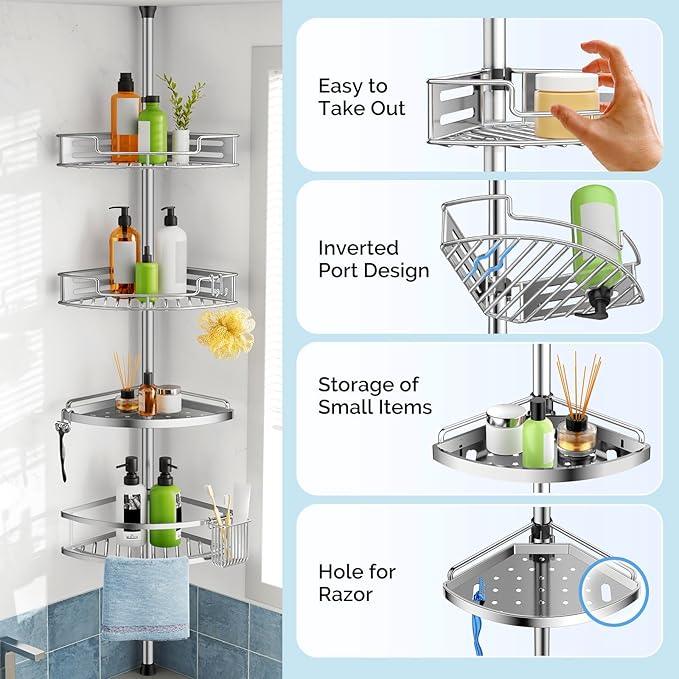 HAMITOR Corner Shower Caddy Tension Pole: Quick Installation 4-Tier Rustproof Bathroom Organizer Shelves for Bathtub Shampoo Storage - 47-121 inch Adjustable Floor Standing Bath Rack Holder - Silver - ModernBath