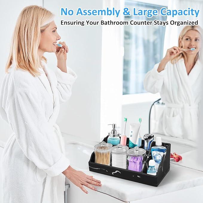 Marble Bathroom Countertop Organizer, Black Toothbrush Holders for Bathrooms Counter Organizer with 3PCS Qtip Dispenser, Toothbrush and Toothpaste Holder for Bathroom Organization Vanity Storage - ModernBath