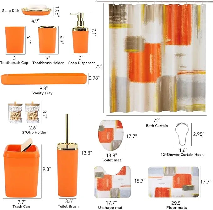 XLHOMO Bathroom Set - Orange Bathroom Accessories Set, Bathroom Sets with Shower Curtain and Rugs, Orange Shower Curtain Set with Bathroom Trash Can, Soap Dispenser, Soap Dish for Home Decor - ModernBath