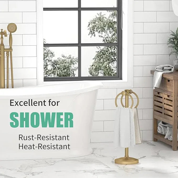 Hoimpro 17" Brushed Gold Free Standing Towel Rack Bracket, Double Towel Ring Hand Towel Stand Holder, Bathroom Hardware Accessories Set Towel Bar for Bathroom Vanities and Kitchen Countertops - ModernBath