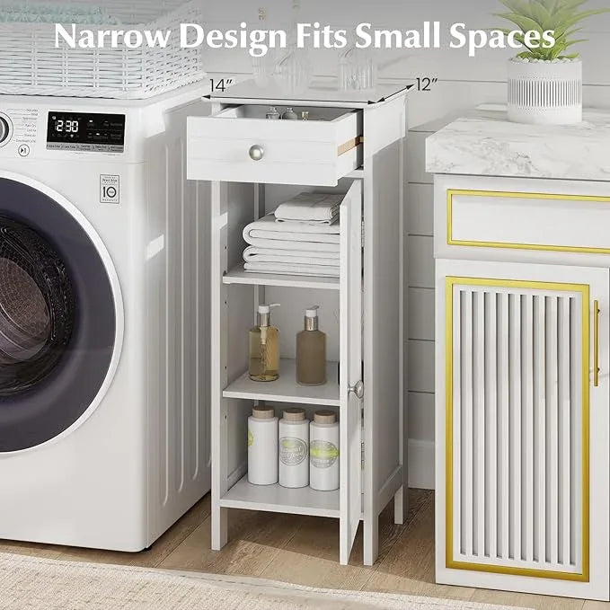 Tangkula Bathroom Floor Cabinet, Free-Standing Single Door Storage Cabinet with Drawer & 2 Adjustable Shelves, Wooden 14”L Narrow Side Storage Organizer for Small Spaces, Living Room, Kitchen (White) - ModernBath