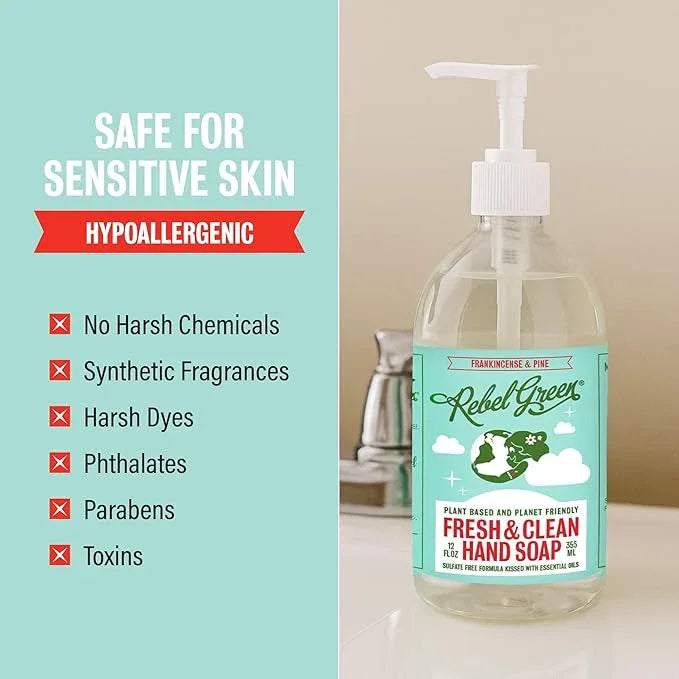 Rebel Green Fresh & Clean Hand Soap - Natural Liquid Hand Soap for Bathroom & Kitchen - Frankincense Pine 12 Fl oz, Pack of 2 - ModernBath