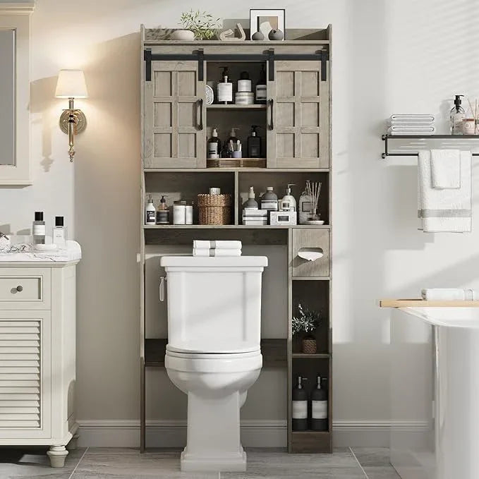Over The Toilet Storage Cabinet, Farmhouse Storage Cabinet Over Toilet with Sliding Doors，Home Space-Saving Toilet Rack, for Bathroom, Restroom, Laundry.Wash Grey - ModernBath
