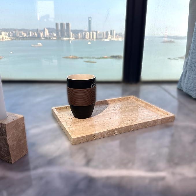 GHYFGD Real Natural Travertine Tray Genuine Marble Stone Tray for Coffee Table/Bathroom/Vanity (Beige Travertine, 12" x 8") - ModernBath