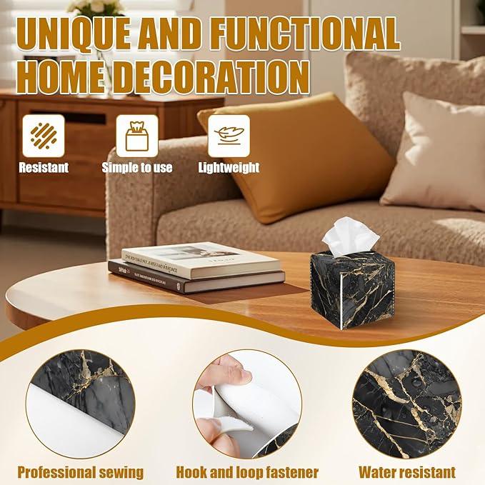 Black Gold Marble Tissue Box Cover 2PCS, Leather Tissue Box Holder Square Facial Paper Case Tissue Box Cube Organizer for Bathroom Bedroom Desk Office - ModernBath