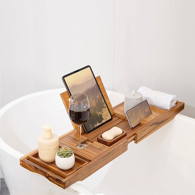 XcE Teak Bathtub Caddy Tray - Expandable to 41 Inches with Book Stand, Soap Holder & Anti-Slip Pads for Luxury Bath Spa, Teak - ModernBath
