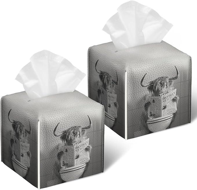 Funny Highland CowTissue Box Cover 2PCS, Leather Tissue Box Holder Square Facial Paper Case Tissue Box Cube Organizer for Bathroom Bedroom Desk Office - ModernBath