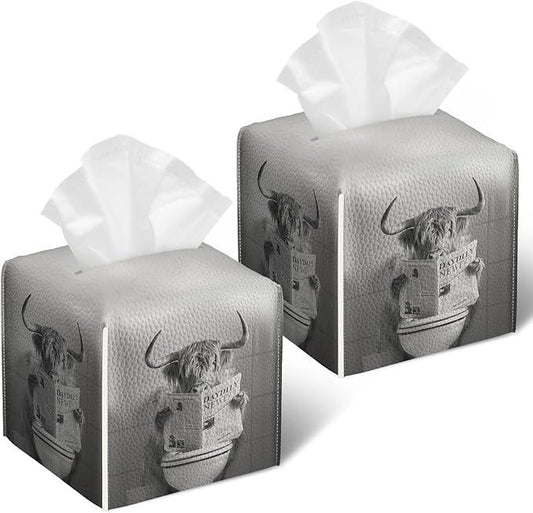 Funny Highland CowTissue Box Cover 2PCS, Leather Tissue Box Holder Square Facial Paper Case Tissue Box Cube Organizer for Bathroom Bedroom Desk Office - ModernBath