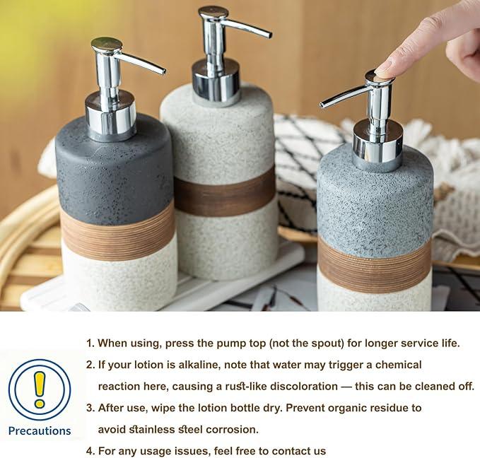 Cormomu Ceramic Soap Dispenser Set for Hand Soap, Shampoo, Dish Soap, Conditioner, Bathroom & Kitchen, Stainless Steel Pump, Includes Silicone Funnel, 12 Oz, Non-Slip, Elegant Kitchen Decor, Gray - ModernBath