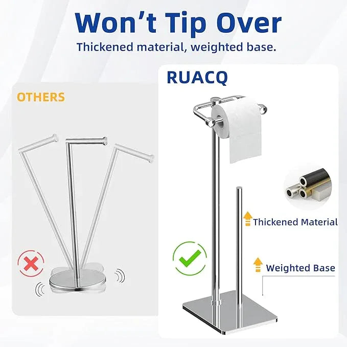 RUACQ Toilet Paper Holder Stand, Bathroom Toilet Paper roll Holder Free Standing with Storage for 4 Rolls, Post Pivoting Design, Stable Weighted Base, SUS304 Stainless Steel(Chrome) - ModernBath
