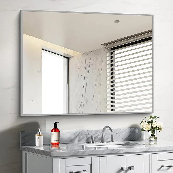 COFENY 30x40In Silver Bathroom Mirror for Wall, Brushed Nickel Rectangle Mirrors with Metal Frame, Bathroom Rectangular Mirror Modern Wall Mirror for Bedroom Living Room, Hangs Horizontal or Vertical - ModernBath